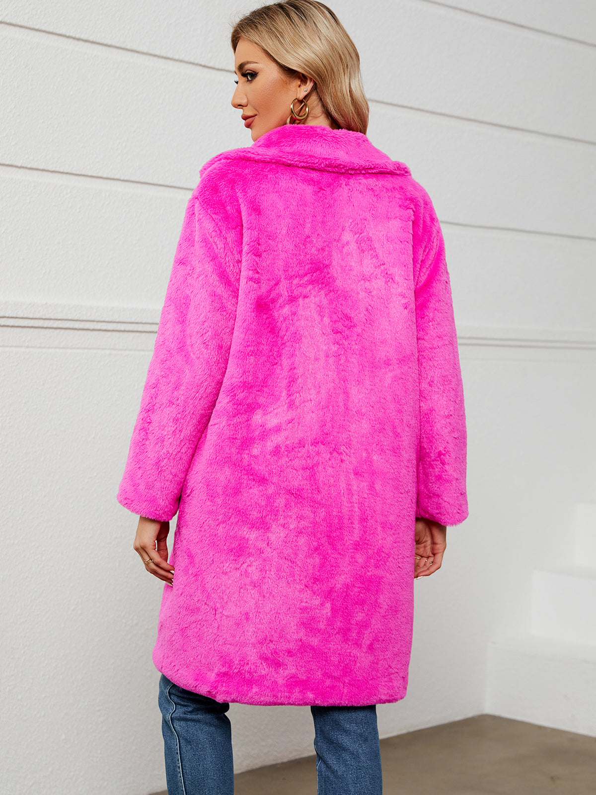 Lapel Collar Mid-Length Fluffy Shaggy Faux Fur Coat