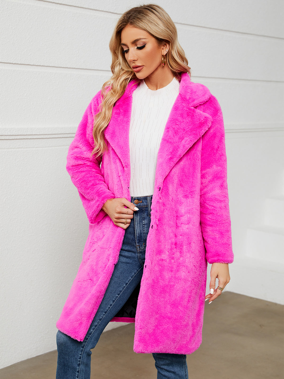 Lapel Collar Mid-Length Fluffy Shaggy Faux Fur Coat