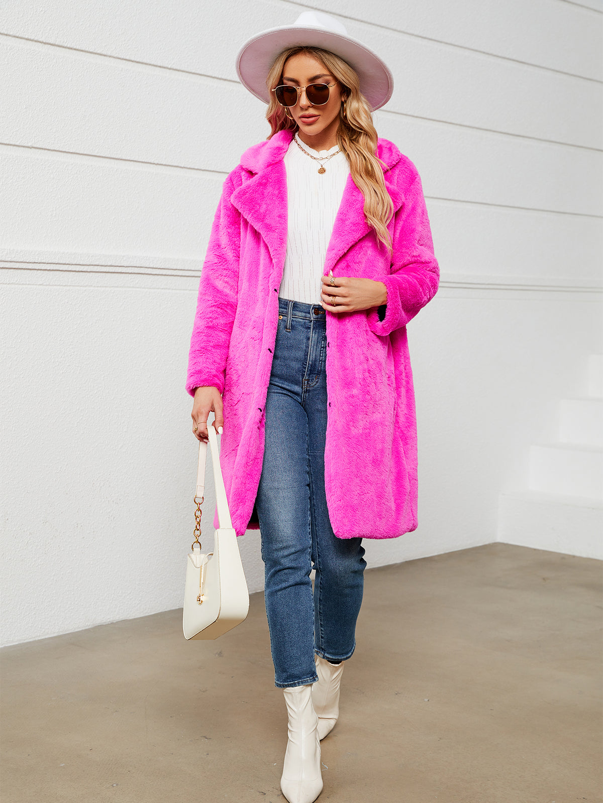 Lapel Collar Mid-Length Fluffy Shaggy Faux Fur Coat