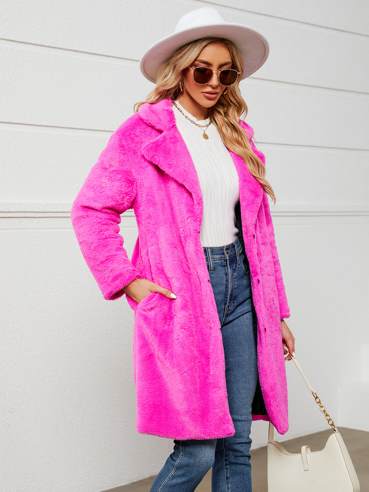 Lapel Collar Mid-Length Fluffy Shaggy Faux Fur Coat