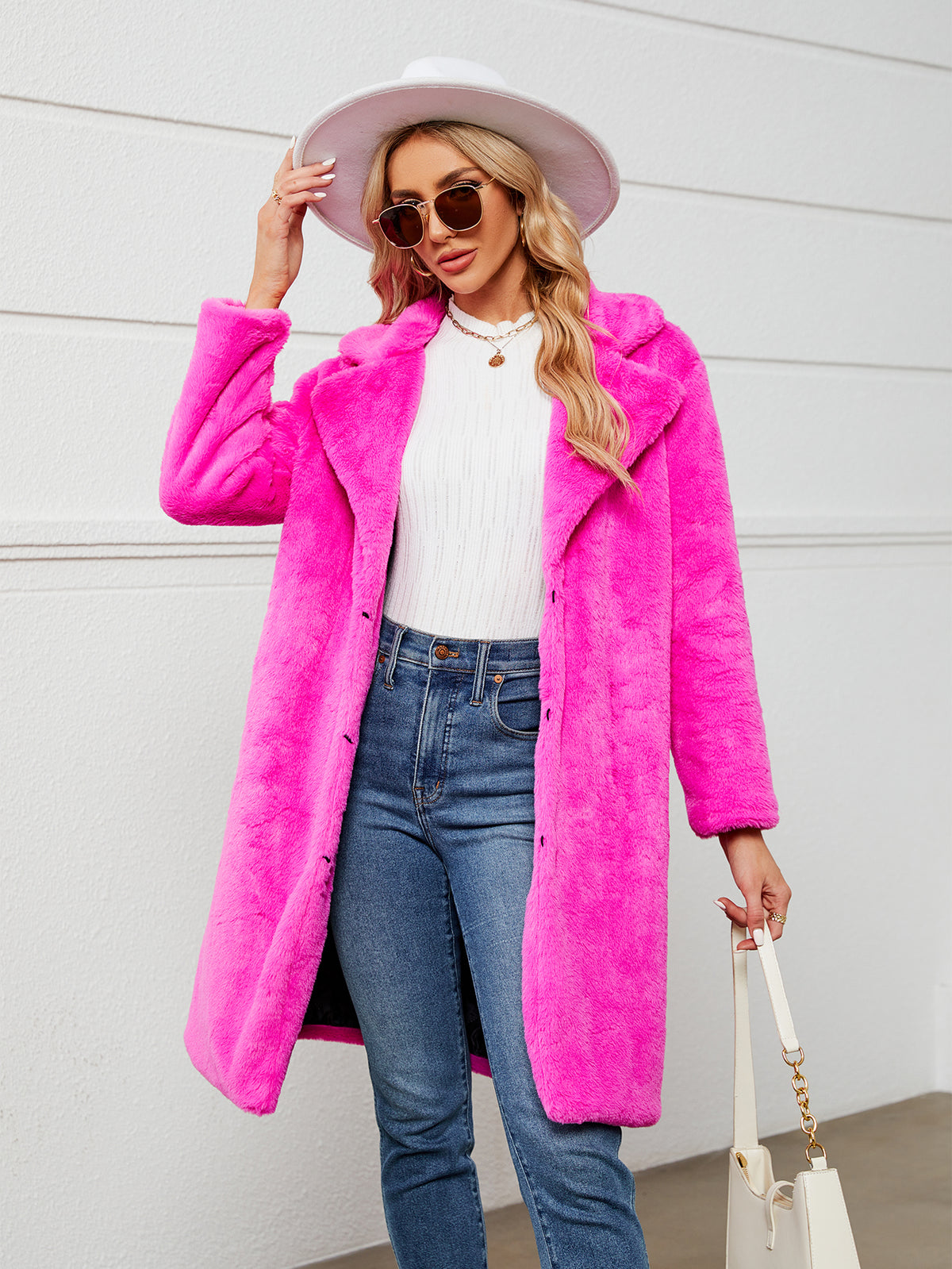 Lapel Collar Mid-Length Fluffy Shaggy Faux Fur Coat
