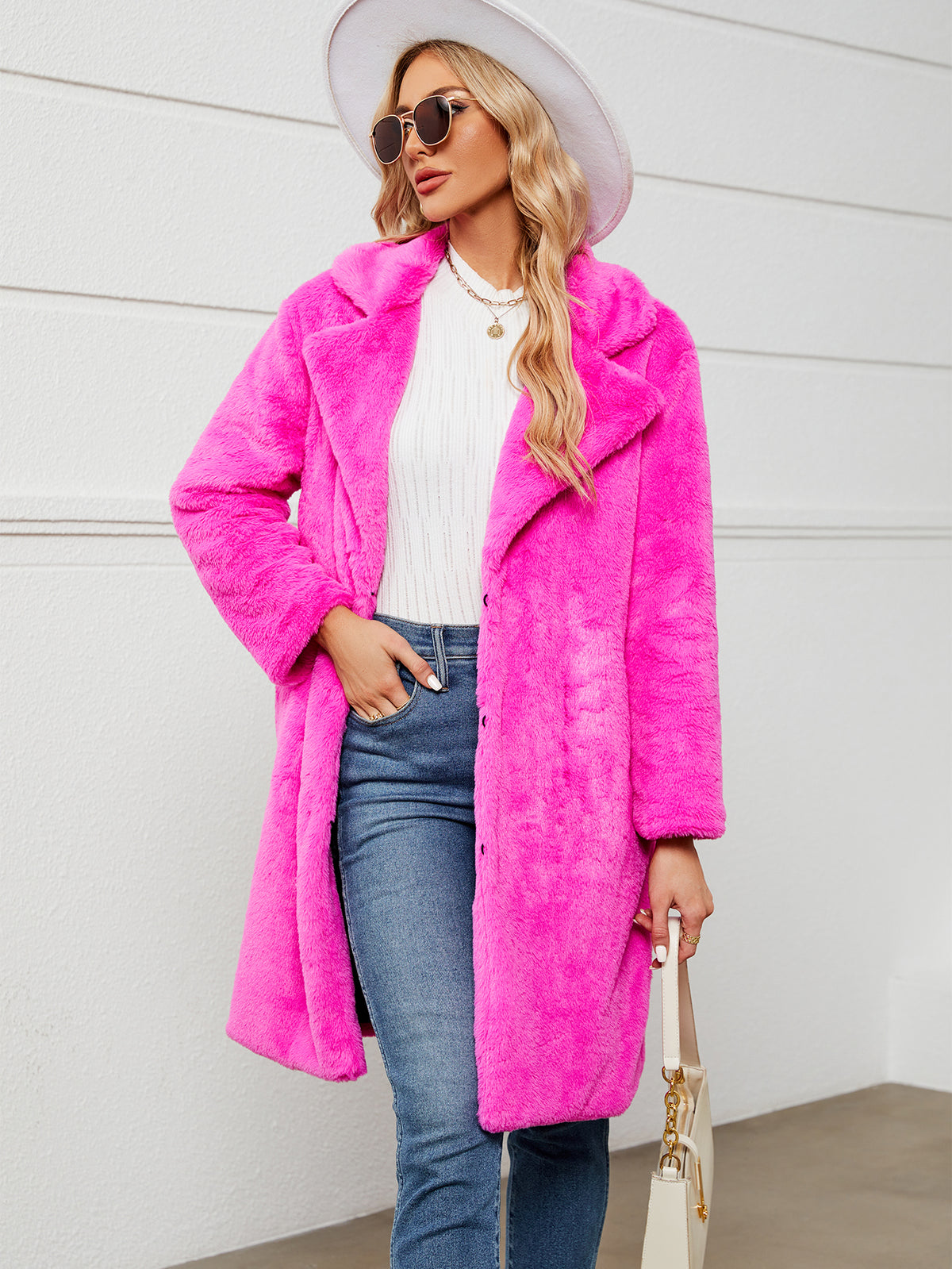 Lapel Collar Mid-Length Fluffy Shaggy Faux Fur Coat