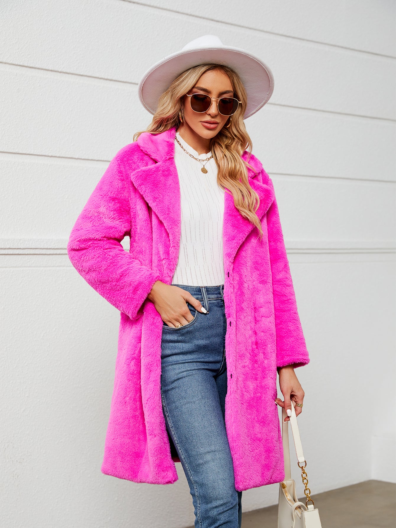 Lapel Collar Mid-Length Fluffy Shaggy Faux Fur Coat
