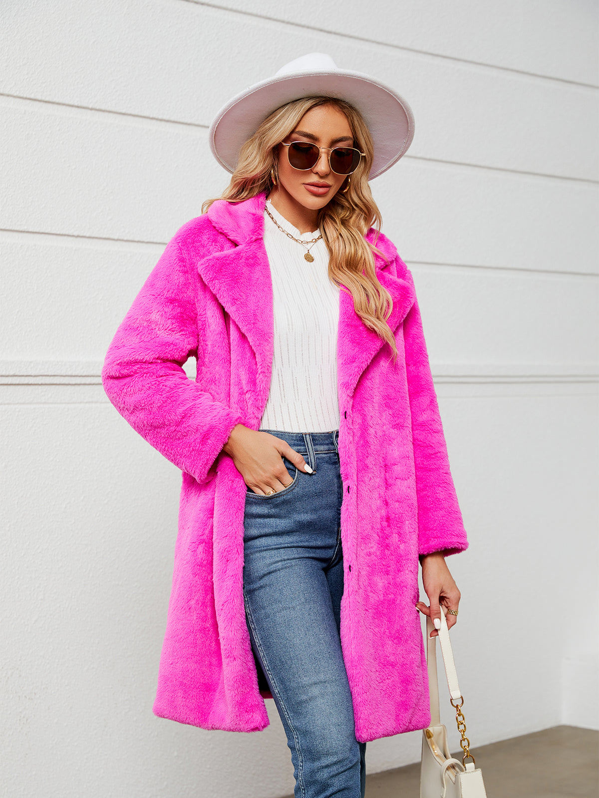 Lapel Collar Mid-Length Fluffy Shaggy Faux Fur Coat