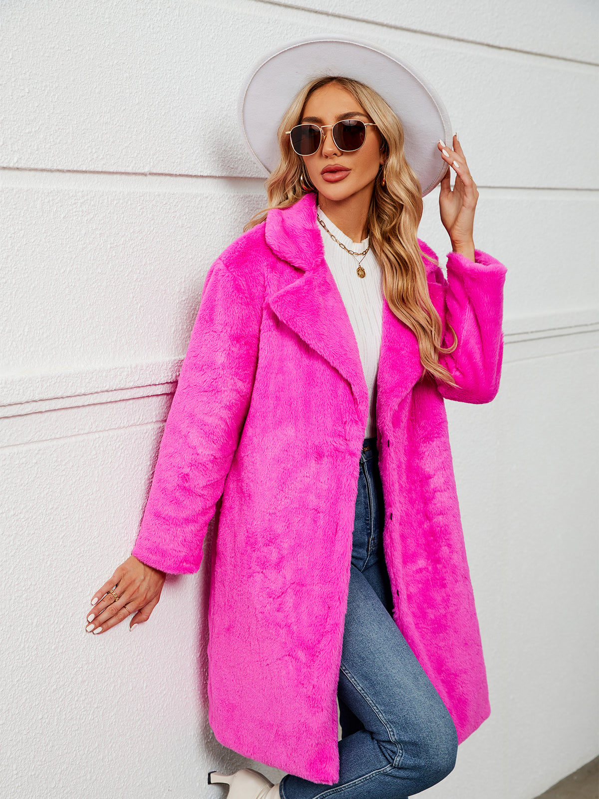 Lapel Collar Mid-Length Fluffy Shaggy Faux Fur Coat
