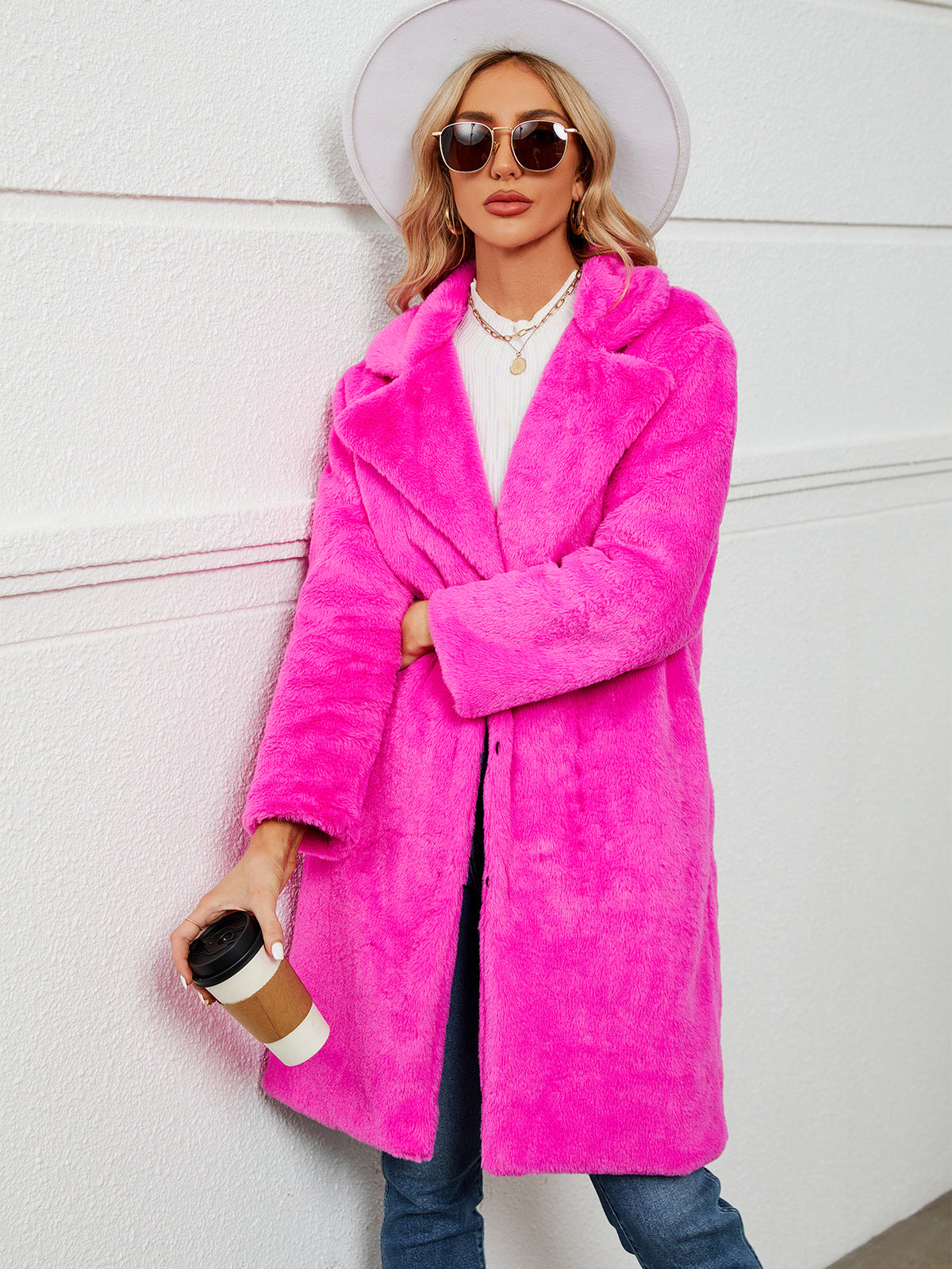 Lapel Collar Mid-Length Fluffy Shaggy Faux Fur Coat