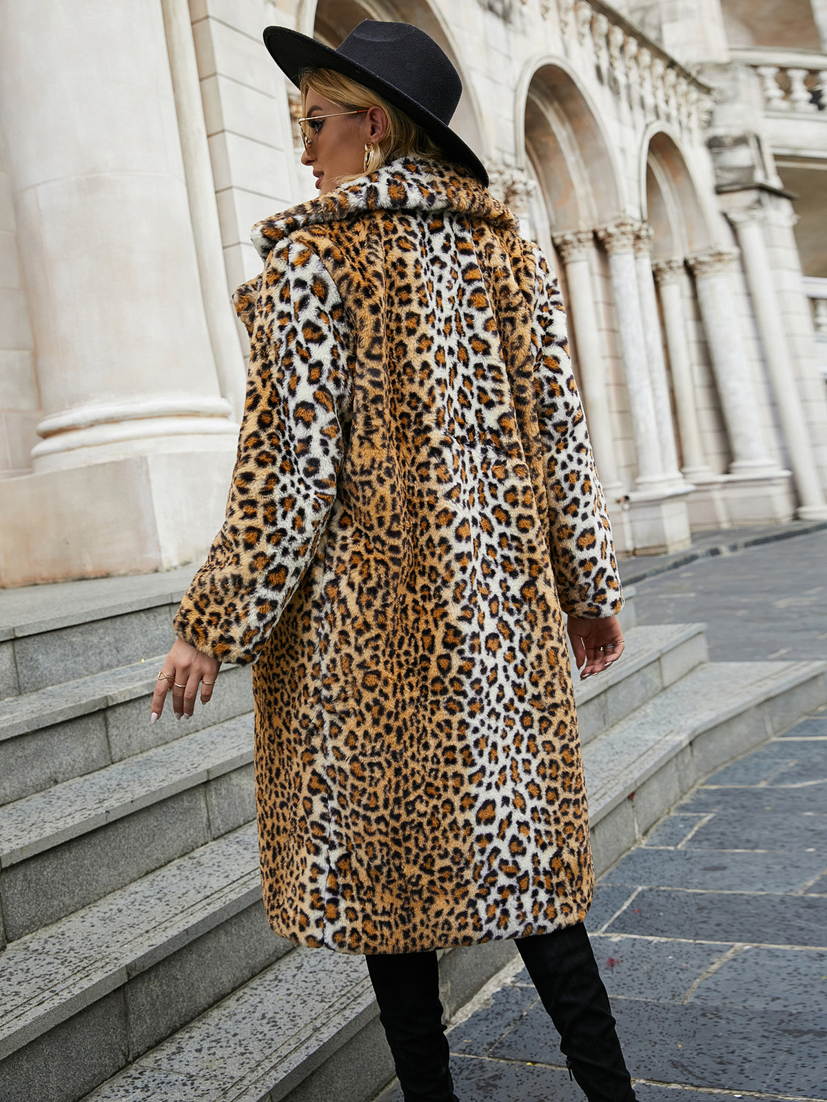 Leopard Print Faux Fur Notched Lapel Coat Fluffy Plush Furry Jacket