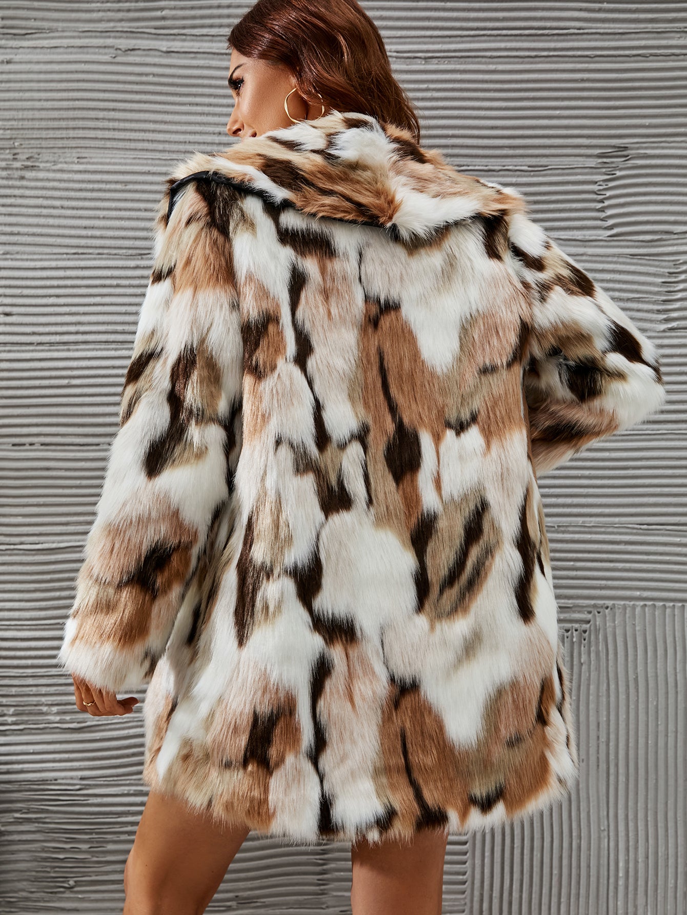 Mid-Length Patchwork Fluffy Furry Faux Fur Notched Lapel Coat