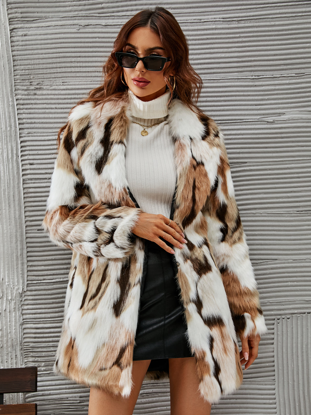 Mid-Length Patchwork Fluffy Furry Faux Fur Notched Lapel Coat