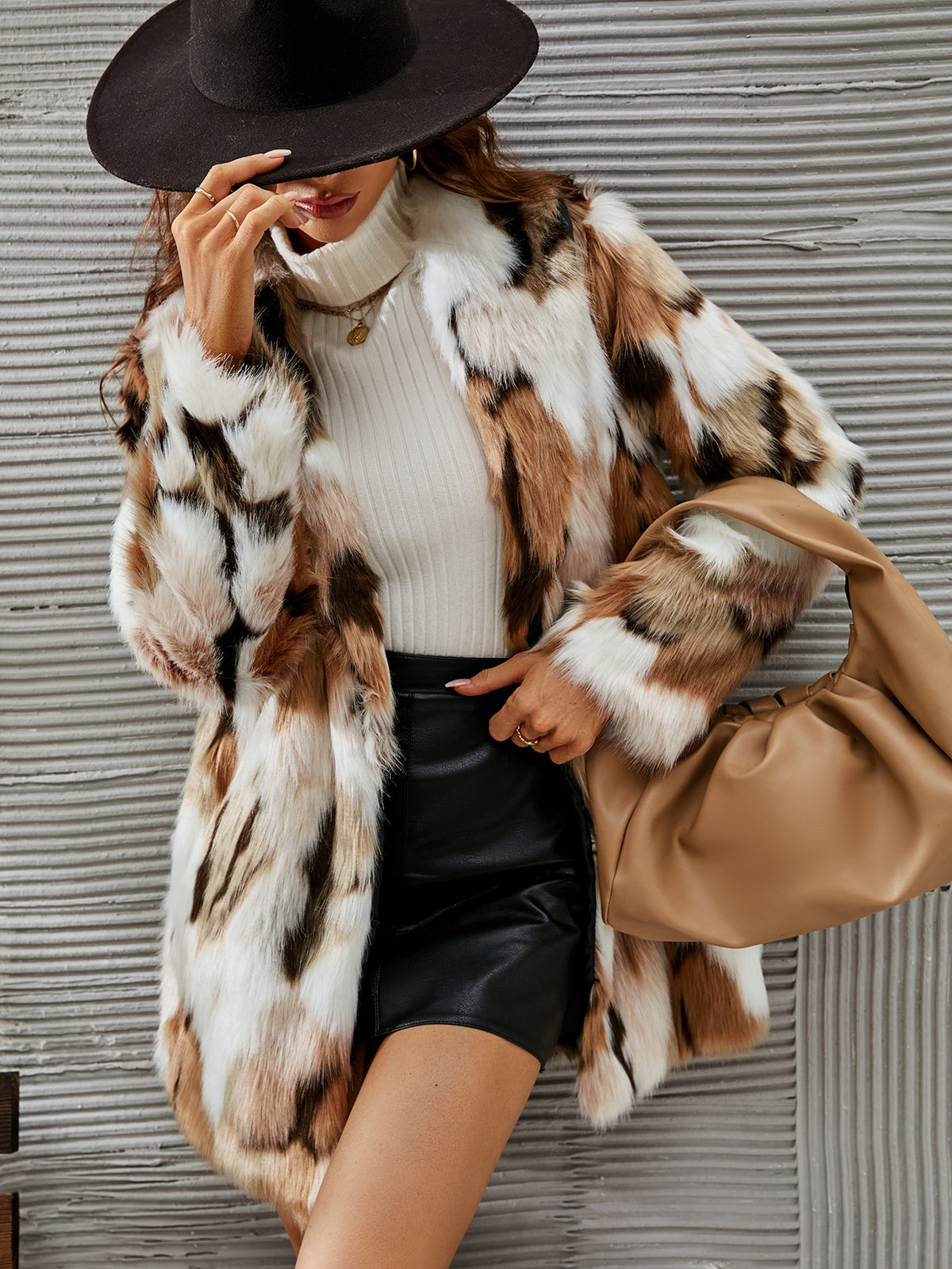 Mid-Length Patchwork Fluffy Furry Faux Fur Notched Lapel Coat