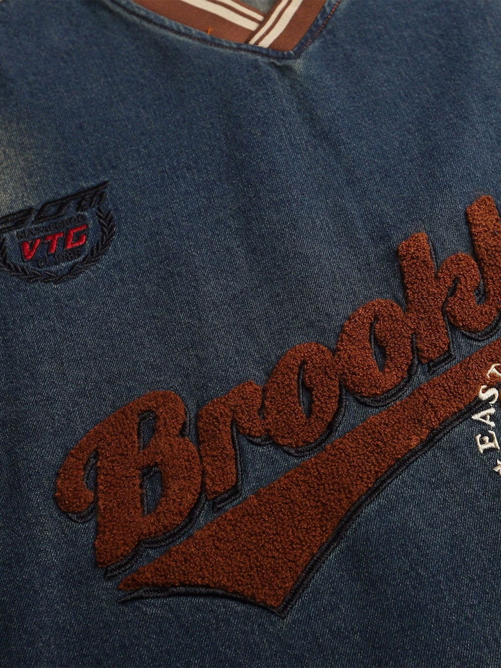 Oversize Brooklyn Embroidery Washed Distressed Denim Sweatshirt
