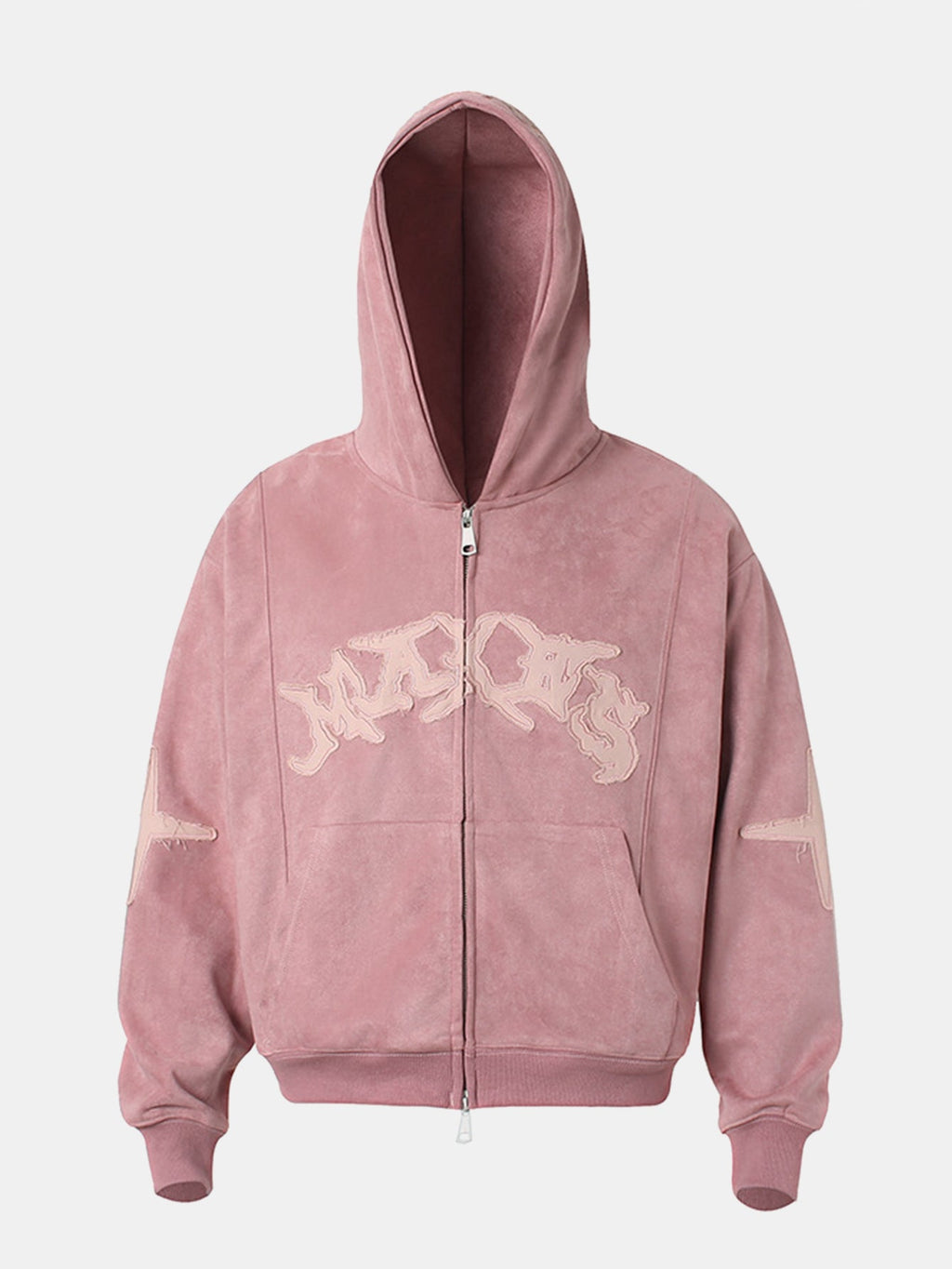 Embroidered Letters Faux Suede Zipper Hoodie