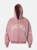 Embroidered Letters Faux Suede Zipper Hoodie
