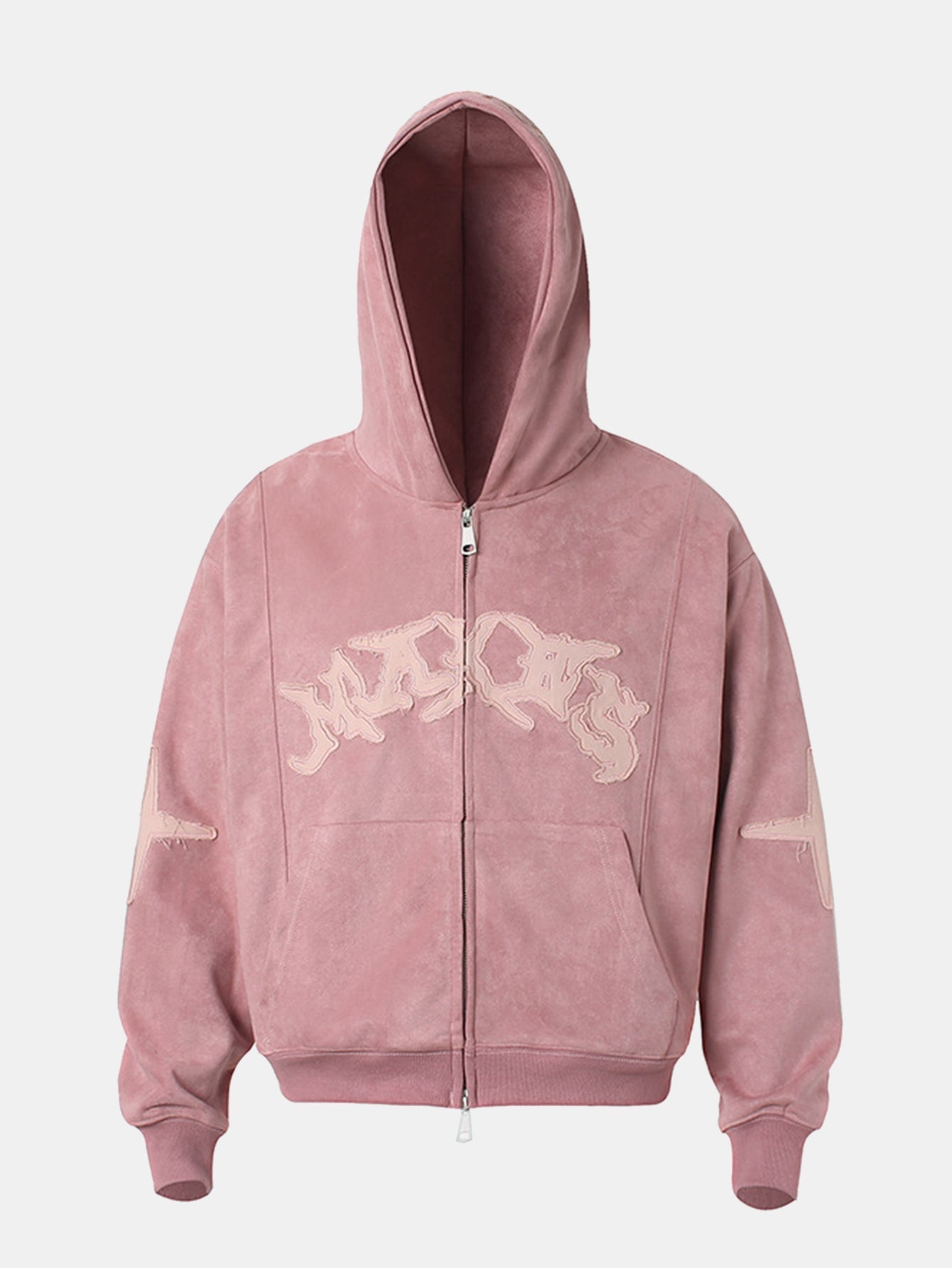 Embroidered Letters Faux Suede Zipper Hoodie