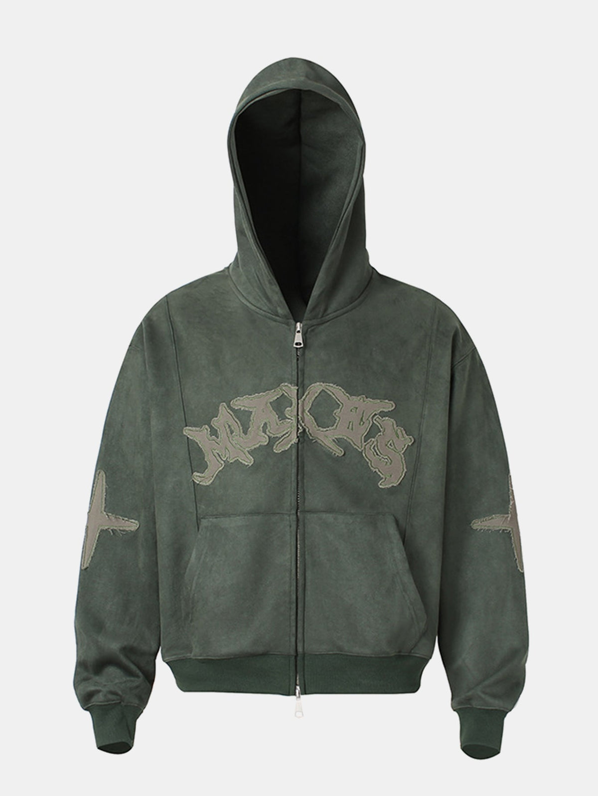 Embroidered Letters Faux Suede Zipper Hoodie