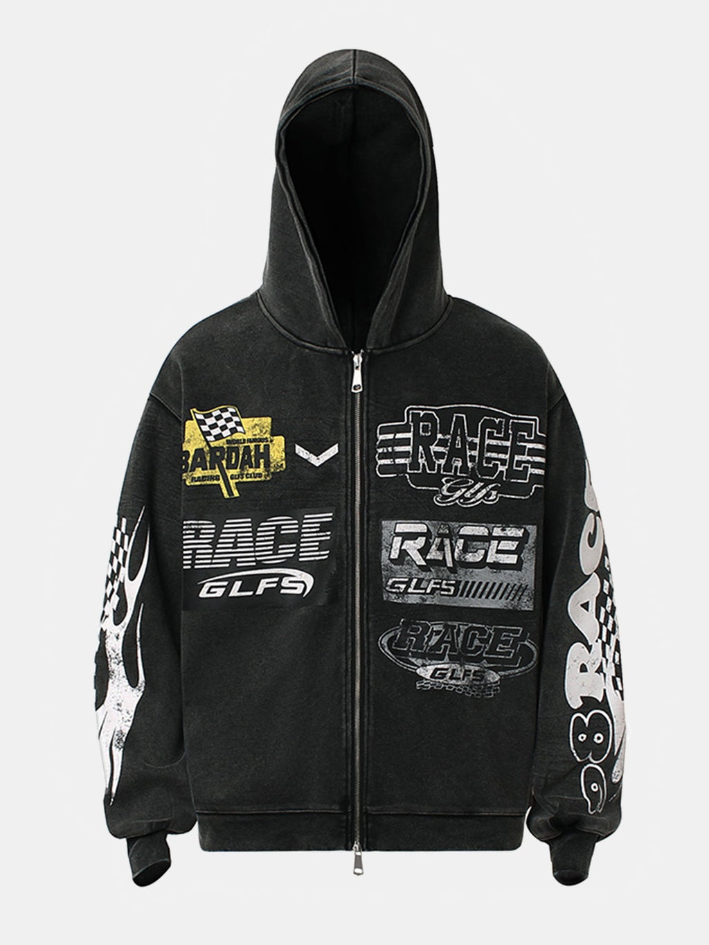 Racing Print Distressed Zipper Hoodie