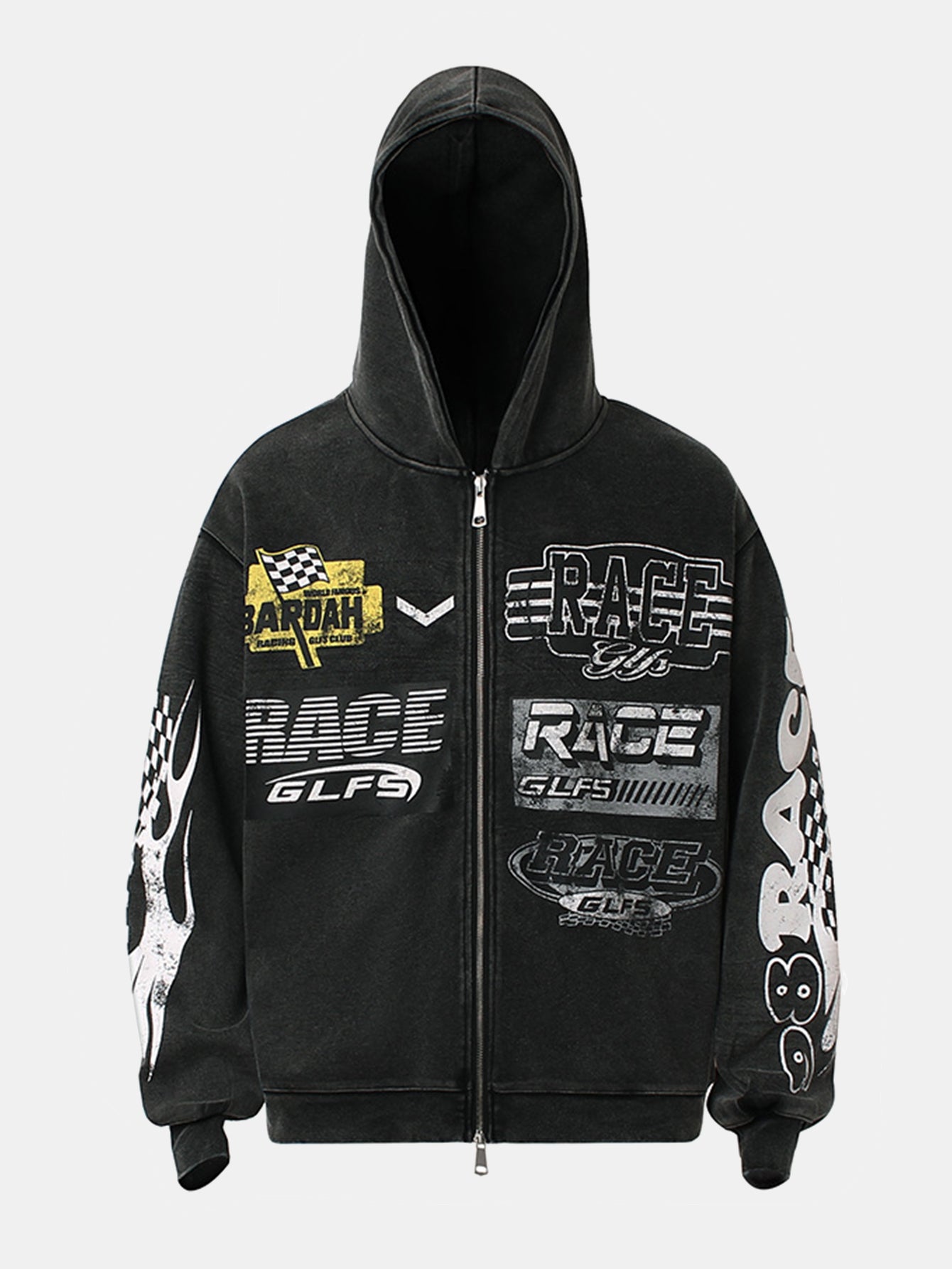 Racing Print Distressed Zipper Hoodie