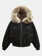 Boxy Faux Fur Collar Hooded Jacket