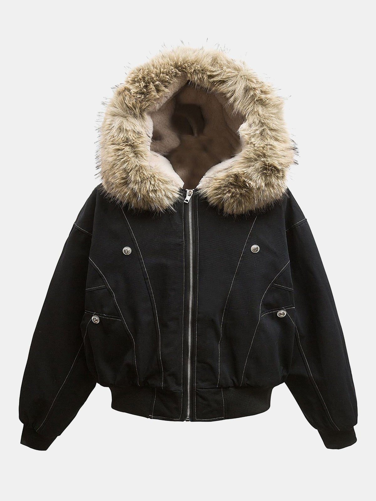 Boxy Faux Fur Collar Hooded Jacket