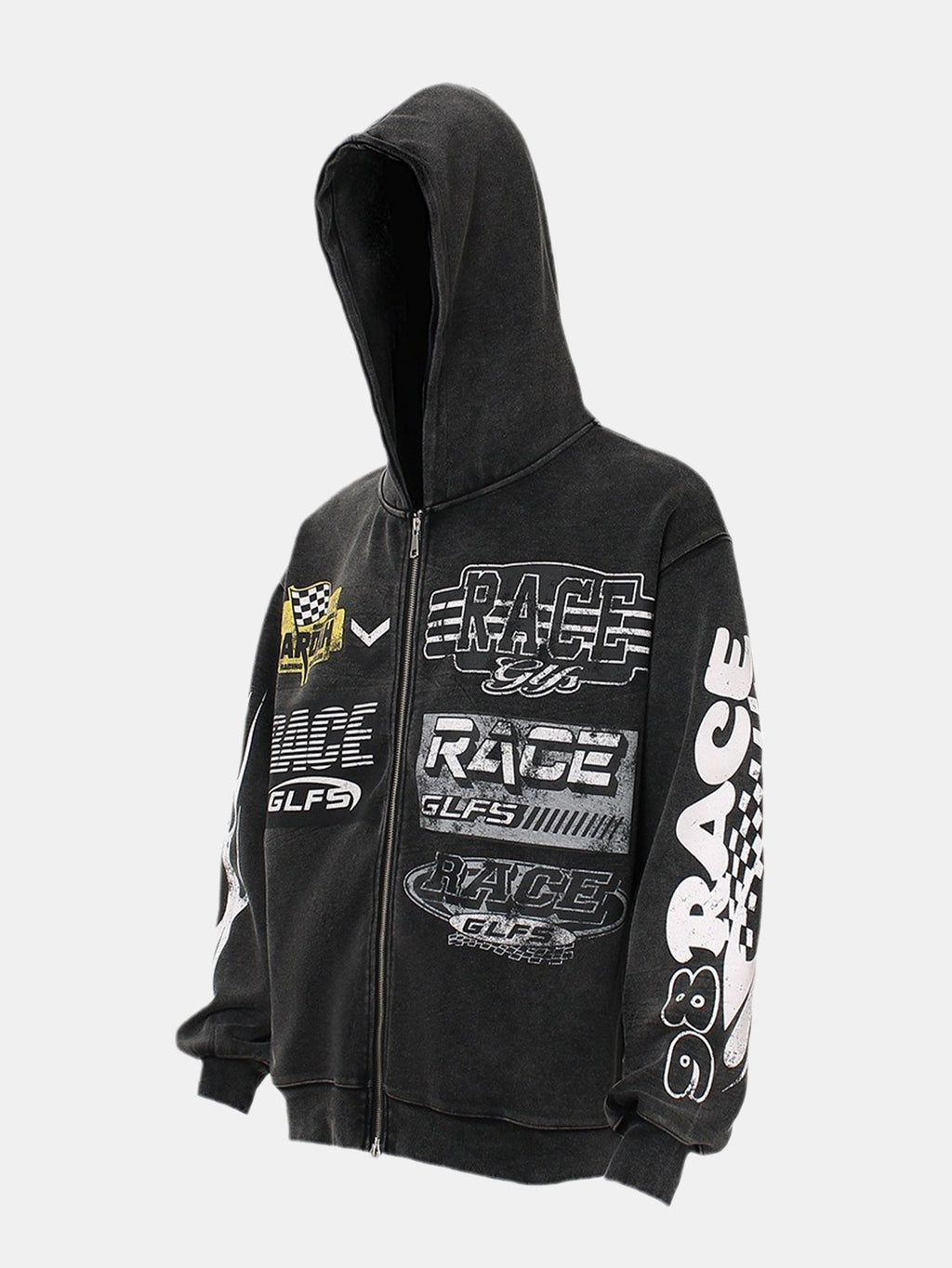 Racing Print Distressed Zipper Hoodie