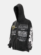 Racing Print Distressed Zipper Hoodie