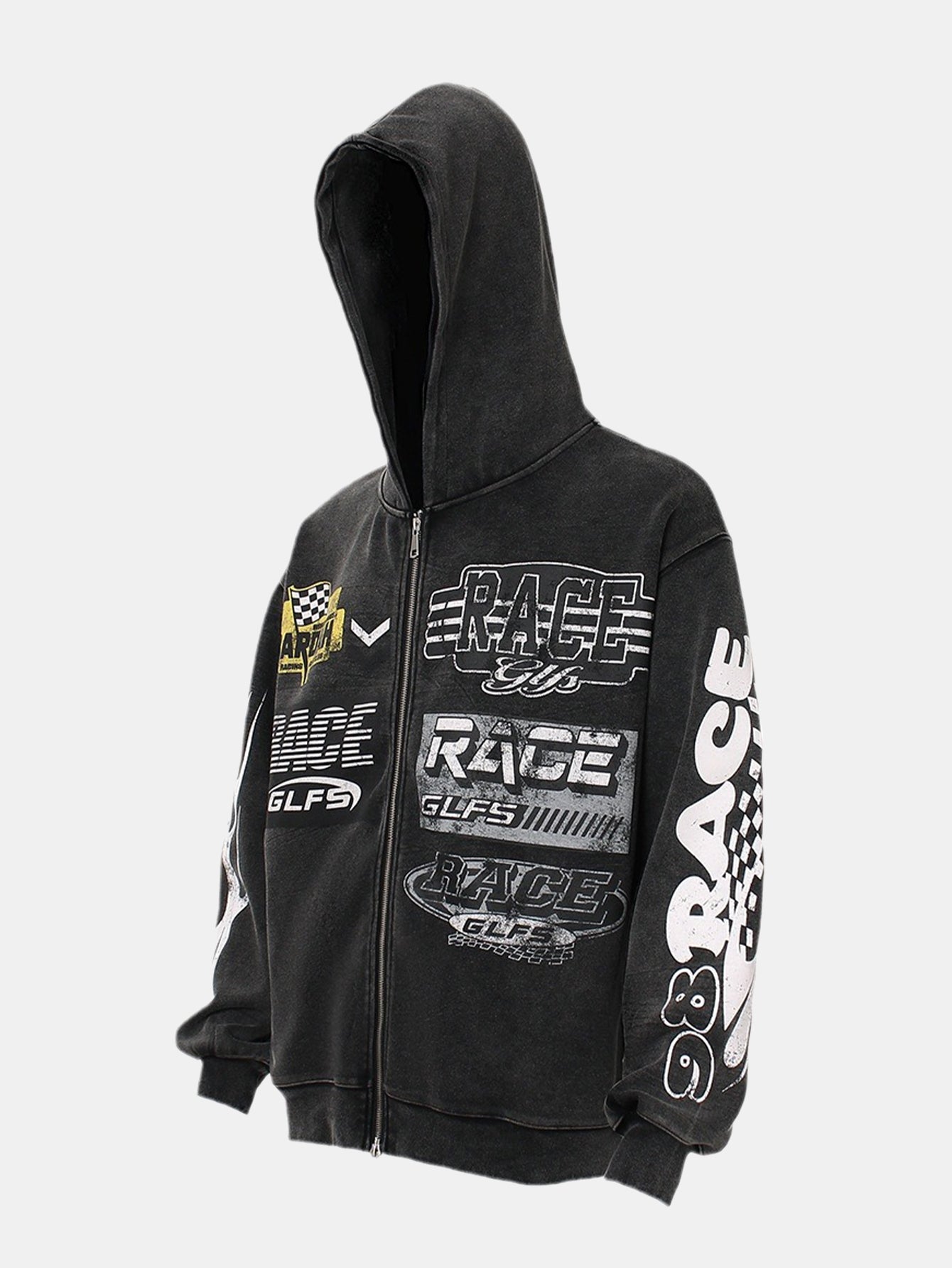 Racing Print Distressed Zipper Hoodie