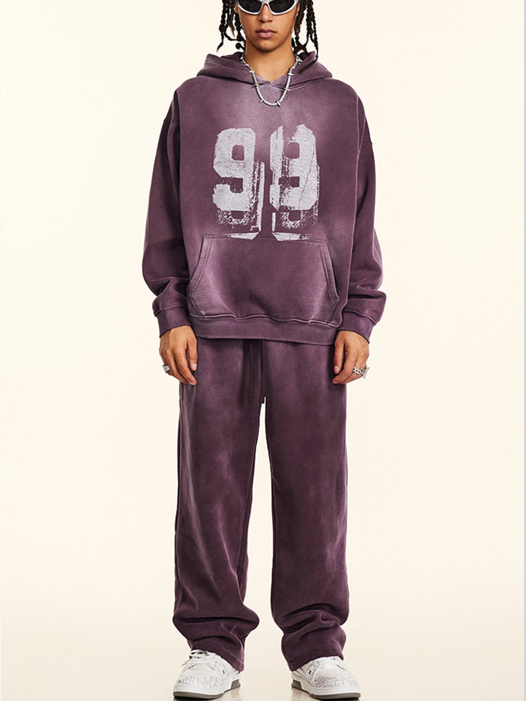Oversize Number Print Washed Distressed Hoodie