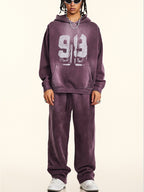 Oversize Number Print Washed Distressed Hoodie