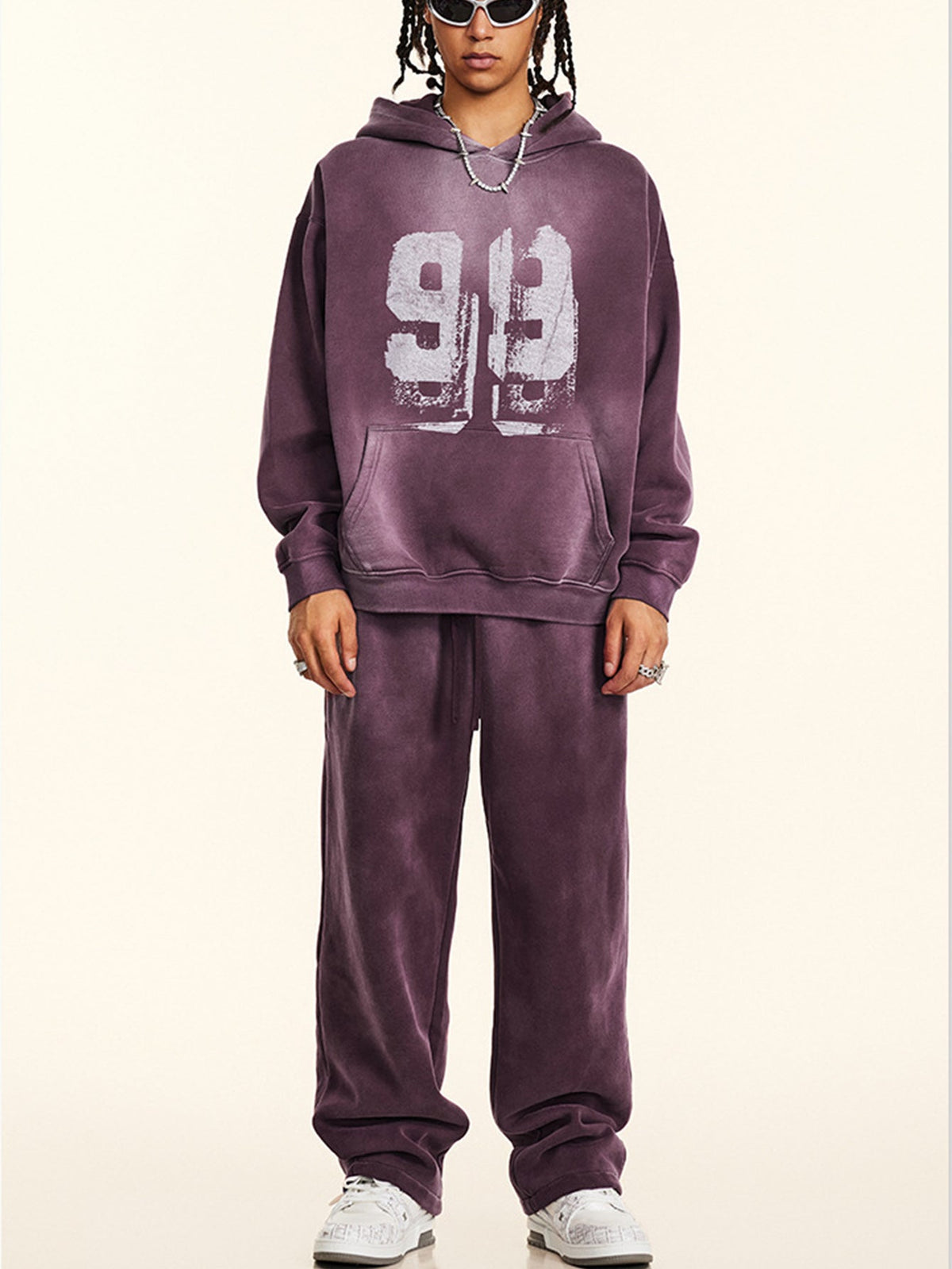 Oversize Number Print Washed Distressed Hoodie