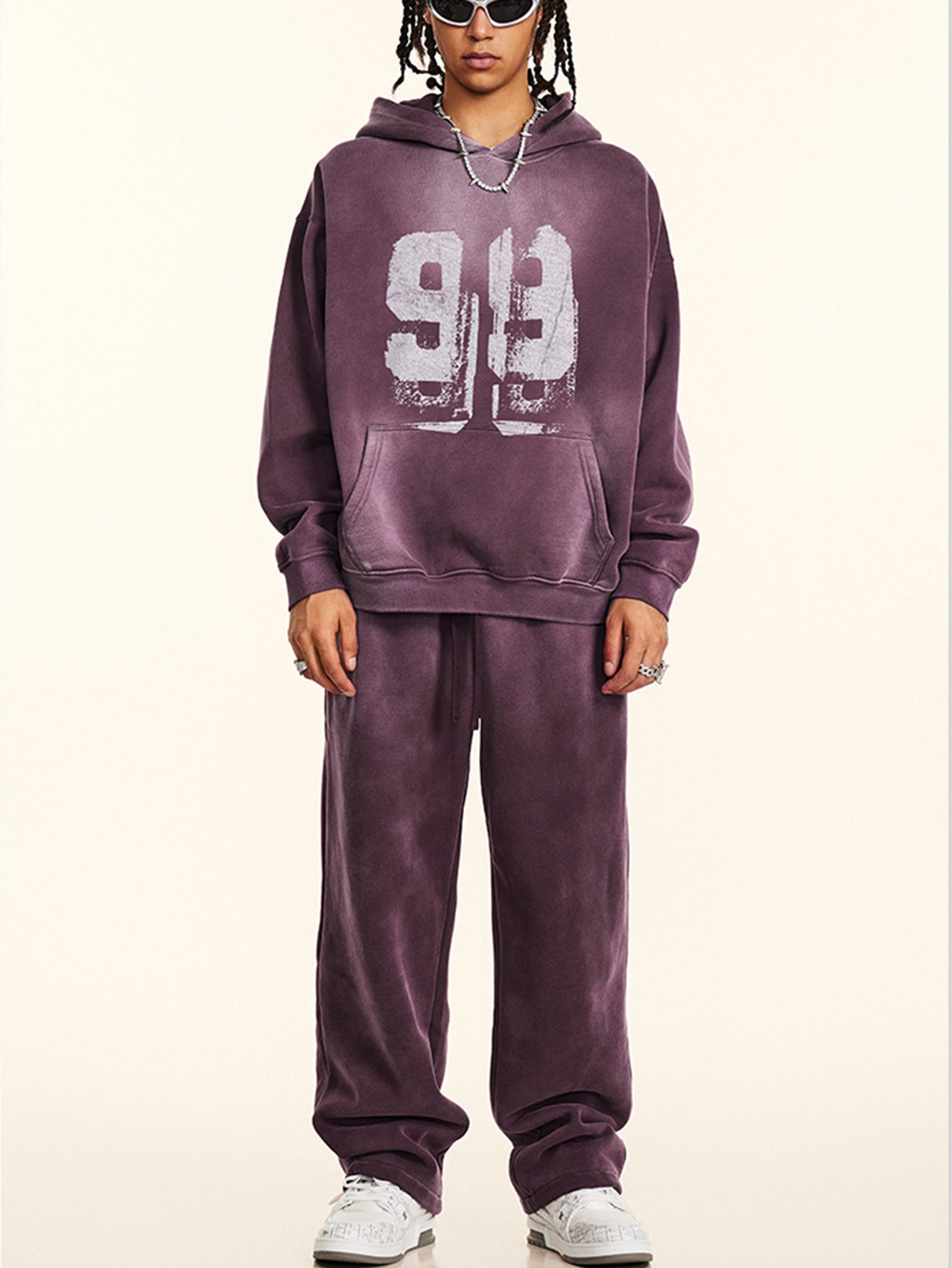 Oversize Number Print Washed Distressed Hoodie