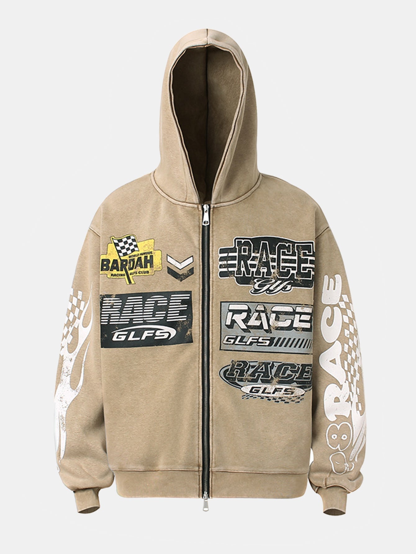 Racing Print Distressed Zipper Hoodie