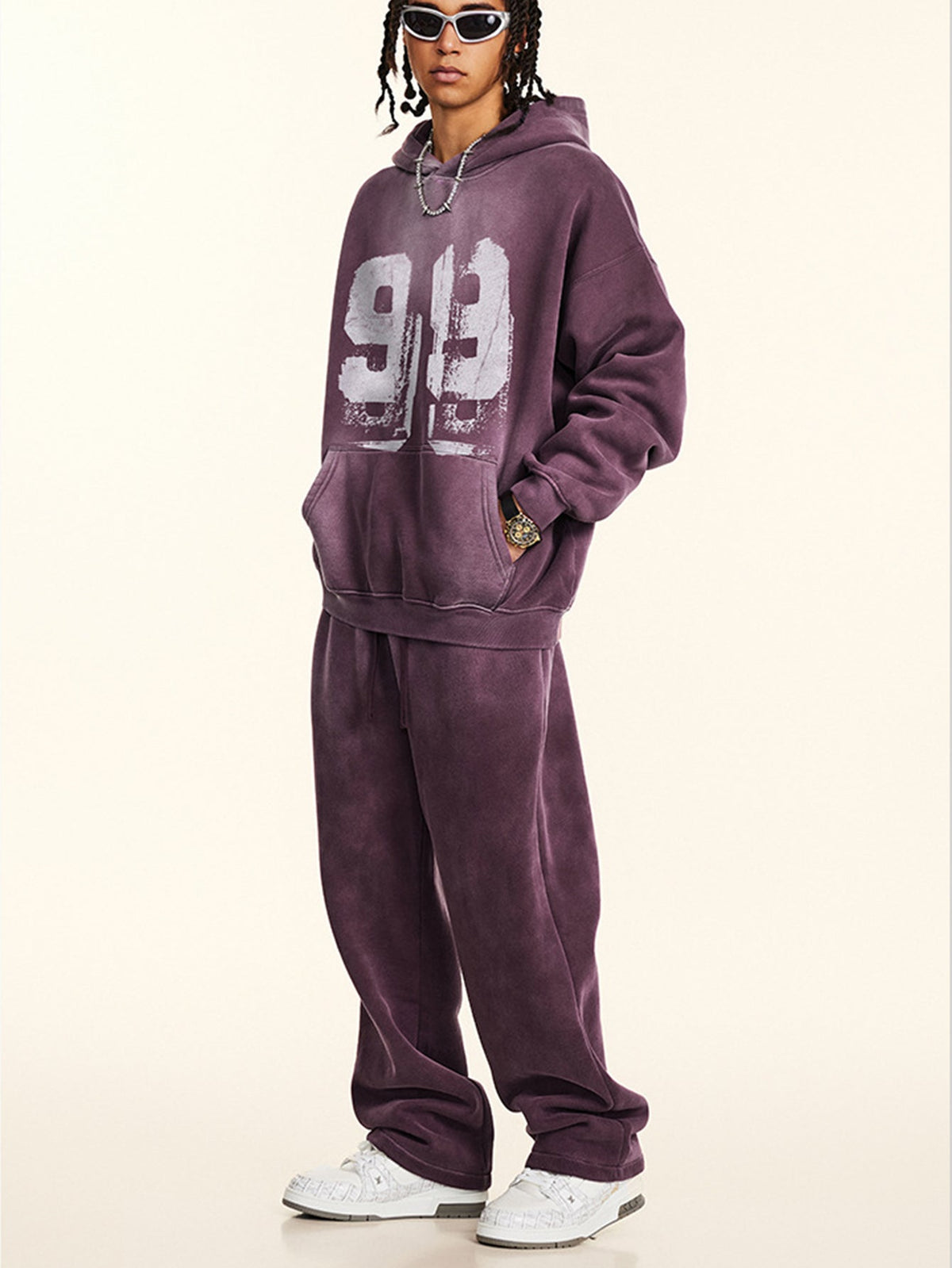 Oversize Number Print Washed Distressed Hoodie