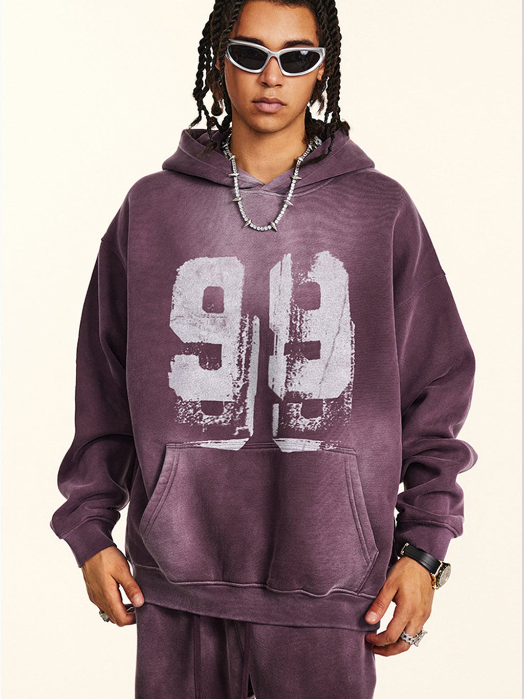 Oversize Number Print Washed Distressed Hoodie