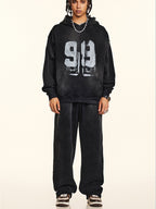 Oversize Number Print Washed Distressed Hoodie
