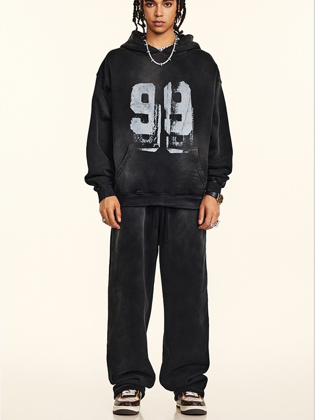 Oversize Number Print Washed Distressed Hoodie