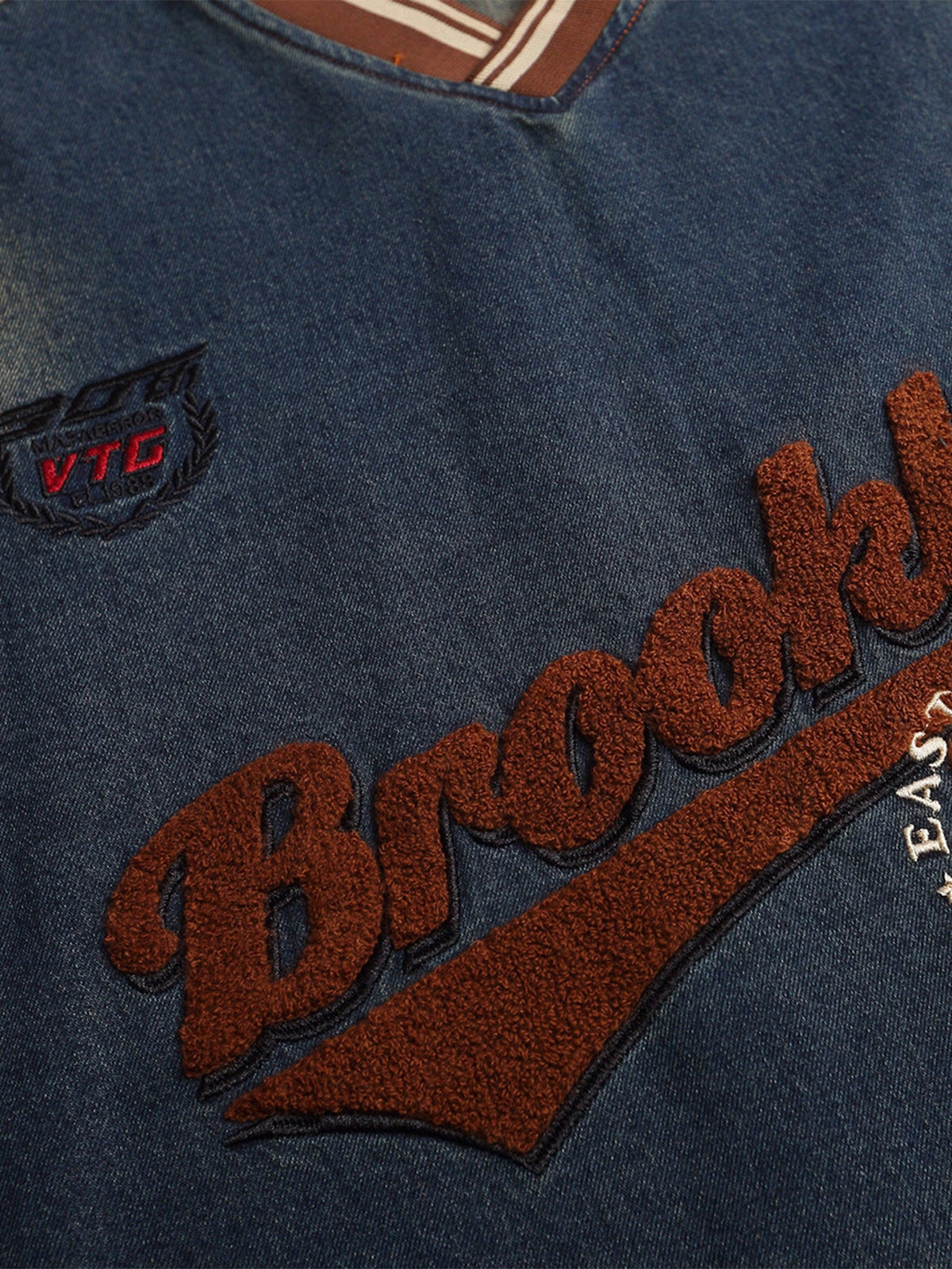 Oversize Brooklyn Embroidery Washed Distressed Denim Sweatshirt