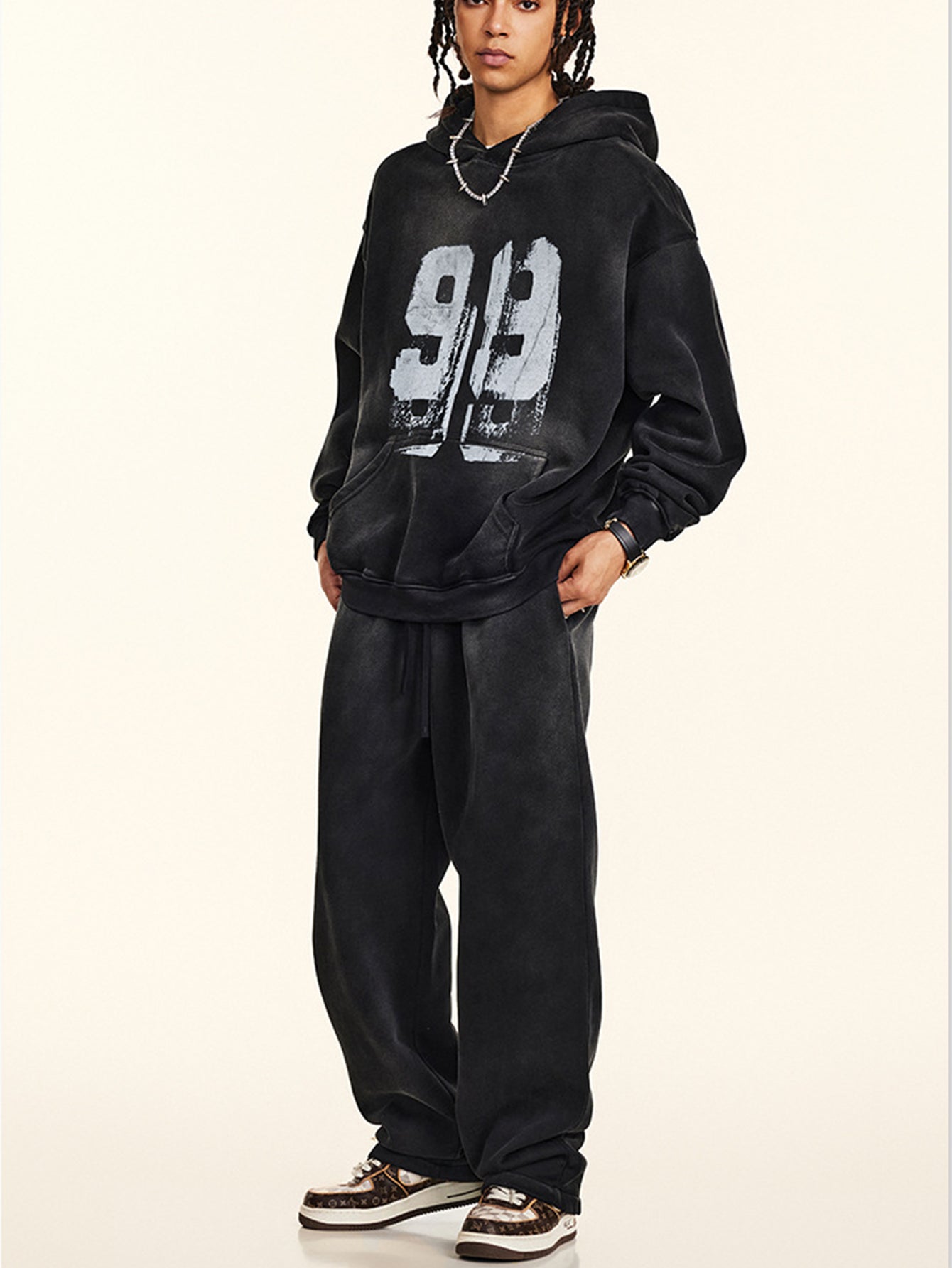 Oversize Number Print Washed Distressed Hoodie