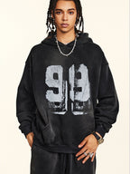 Oversize Number Print Washed Distressed Hoodie