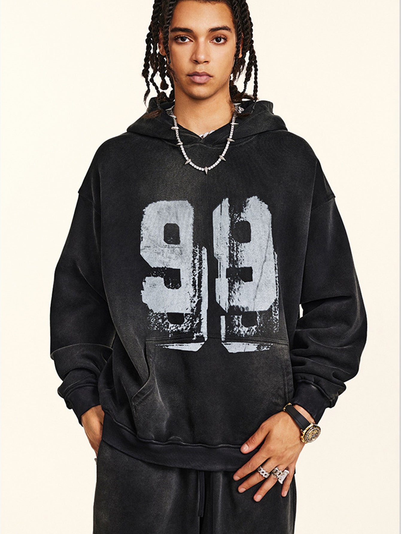 Oversize Number Print Washed Distressed Hoodie