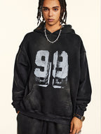 Oversize Number Print Washed Distressed Hoodie