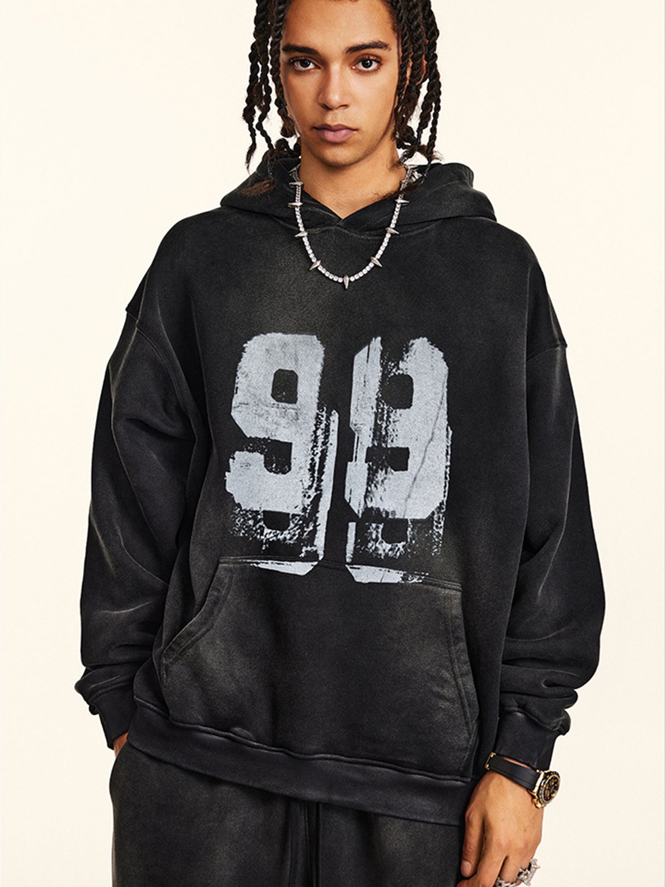 Oversize Number Print Washed Distressed Hoodie