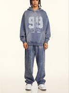 Oversize Number Print Washed Distressed Hoodie