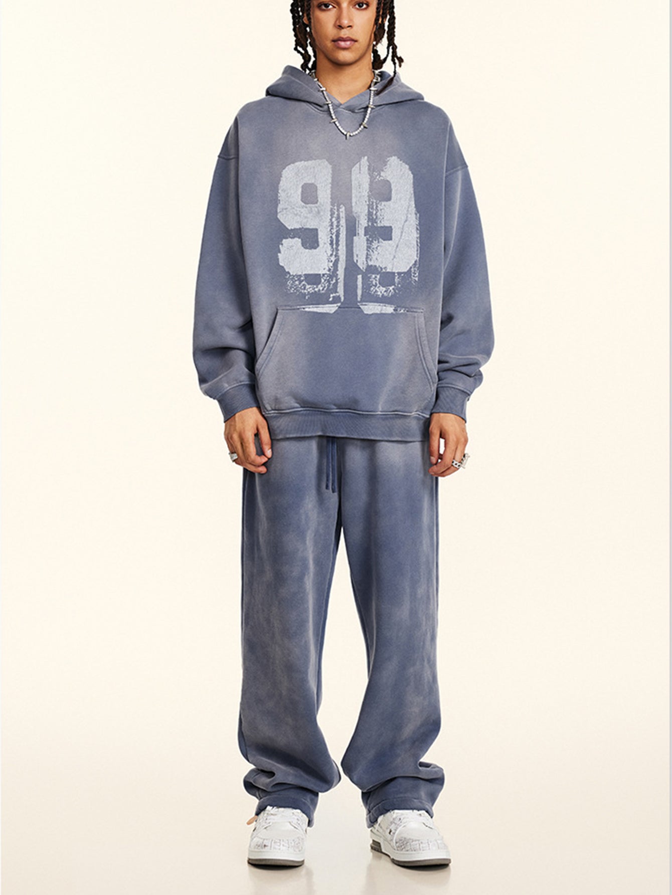 Oversize Number Print Washed Distressed Hoodie