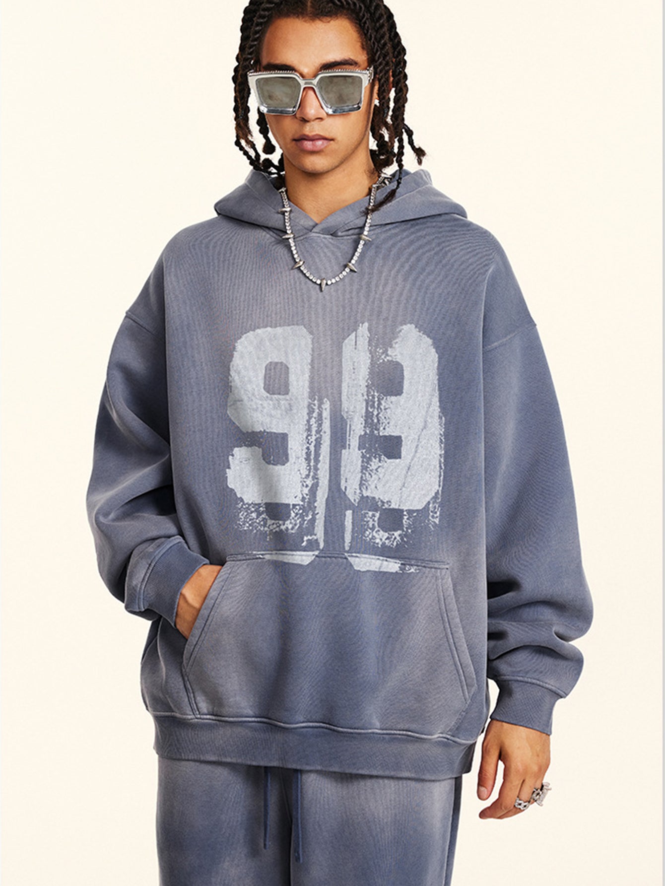 Oversize Number Print Washed Distressed Hoodie
