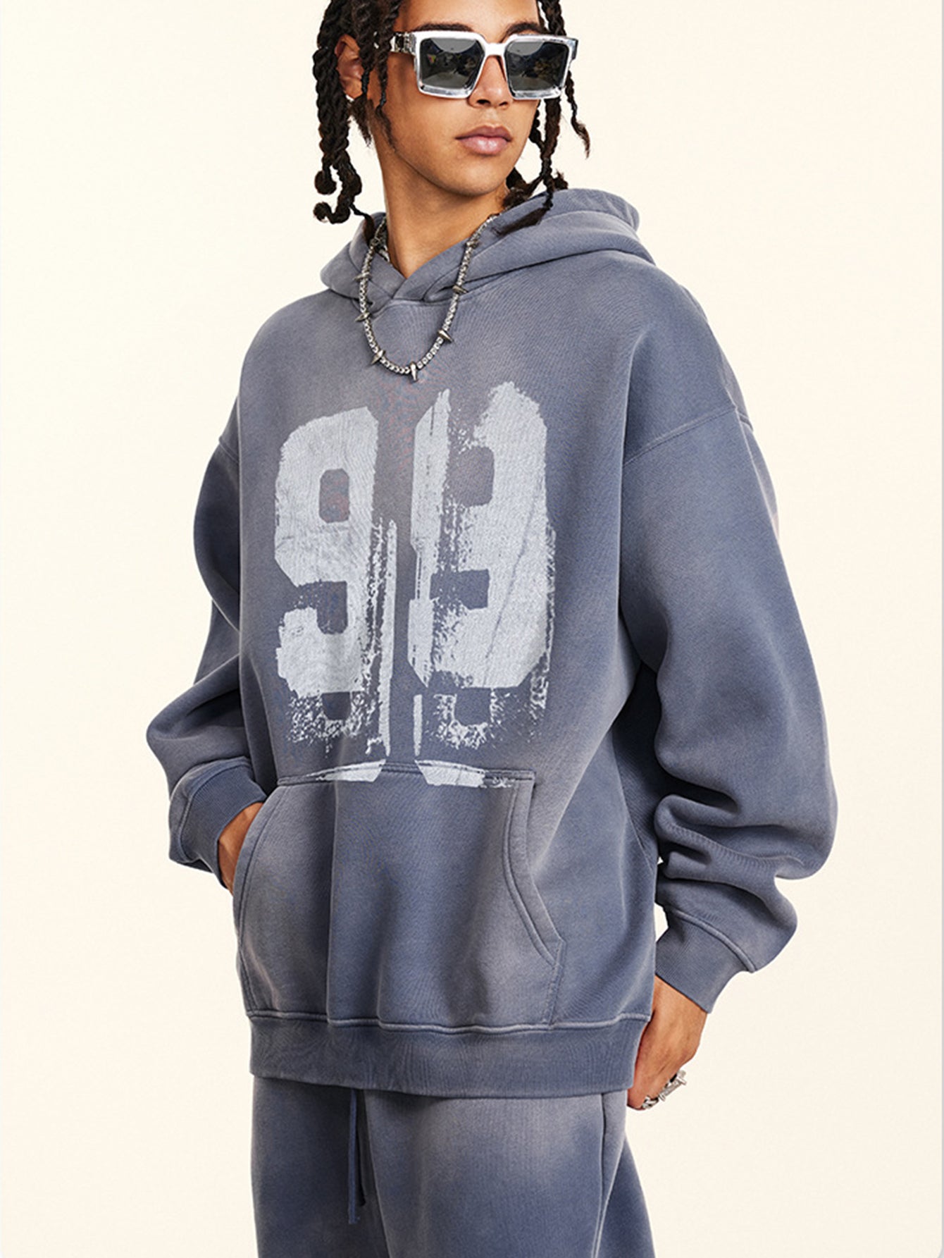 Oversize Number Print Washed Distressed Hoodie