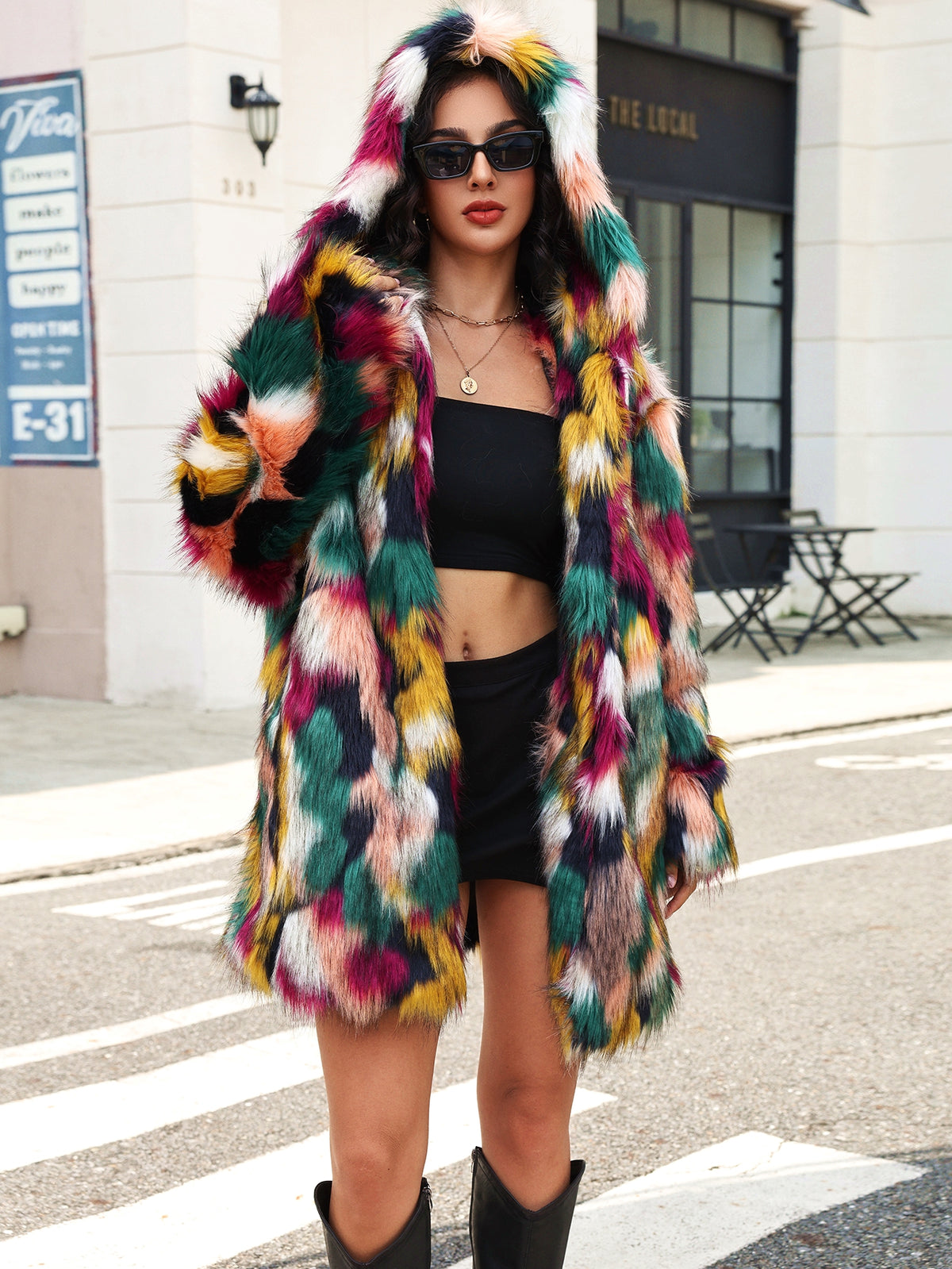 Multi-Color Patchwork Faux Fur Hooded Coat Fluffy Shaggy Jacket