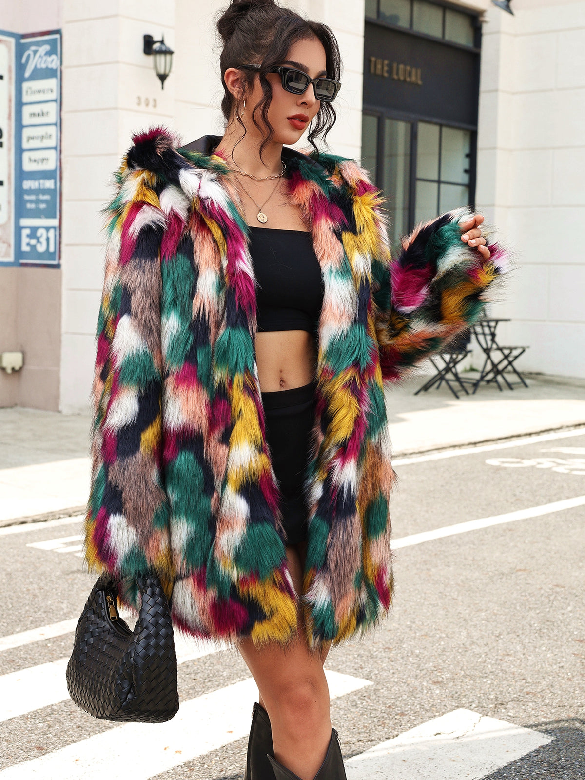 Multi-Color Patchwork Faux Fur Hooded Coat Fluffy Shaggy Jacket