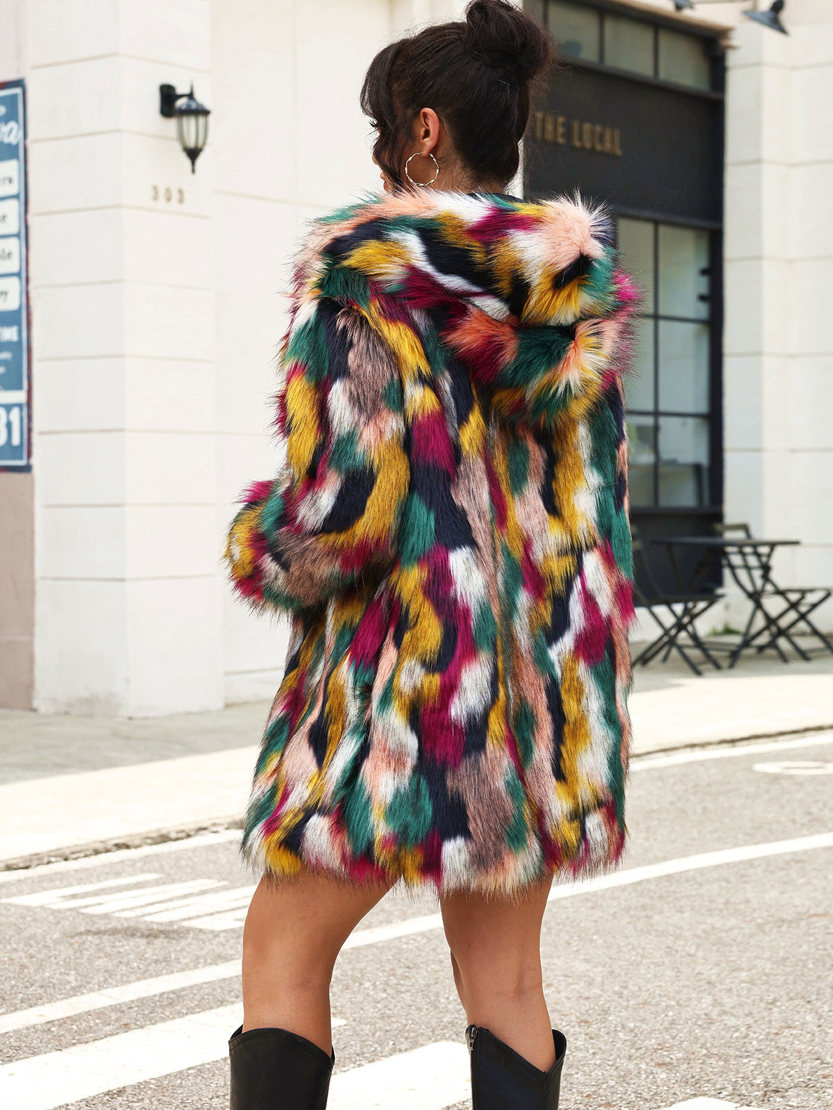 Multi-Color Patchwork Faux Fur Hooded Coat Fluffy Shaggy Jacket