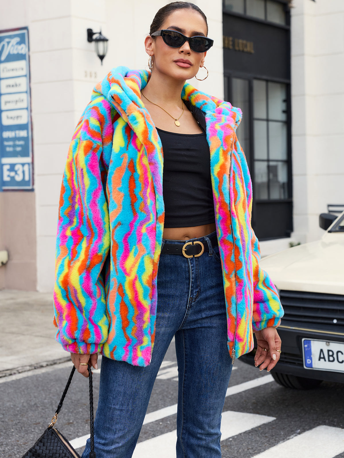Rainbow Swirl Hooded Faux Fur Jacket Colorful Psychedelic Zip Up Fluffy Coat For Rave Festival