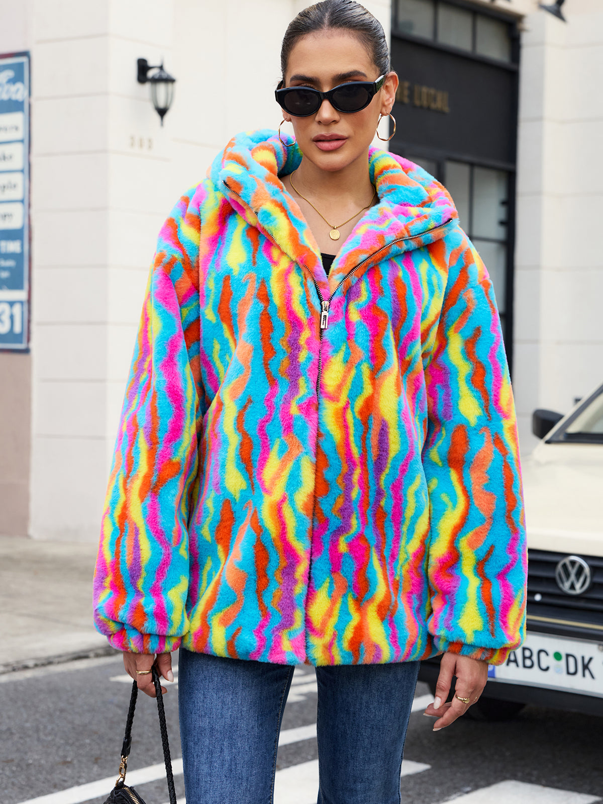 Rainbow Swirl Hooded Faux Fur Jacket Colorful Psychedelic Zip Up Fluffy Coat For Rave Festival